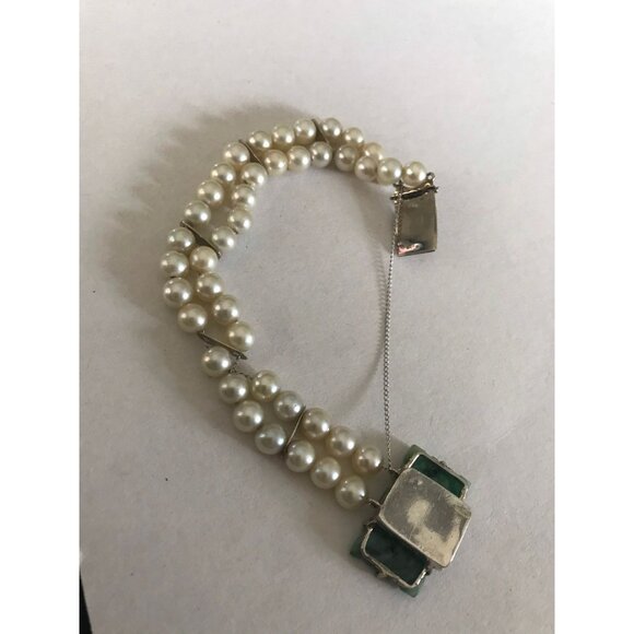 1940's Double Strand Pearl Bracelet With Jadeite Clasp In 14 Karat White Gold - Picture 5 of 10
